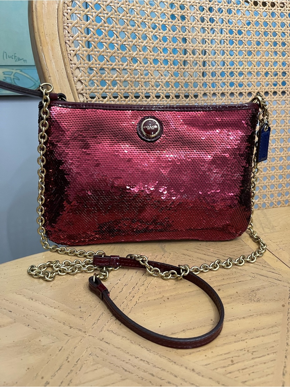 Coach Red Sequin Chain Crossbody Bag with Gold Hardware